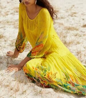 Anthropologie Tarin Scoopneck Tie Waist 3/4 Sleeve Floral Maxi Dress Yellow S